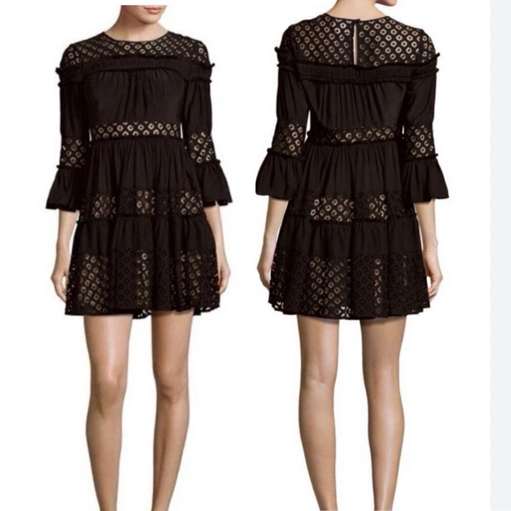 Cinq à Sept Octavia Black Lace Tiered Mini Dress Size 4 Bell Sleeve